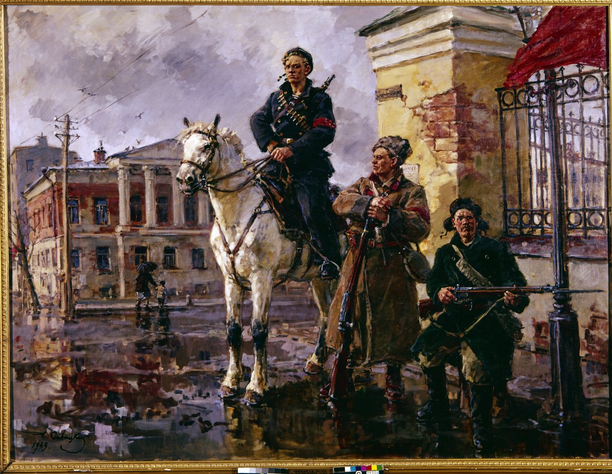 Ryska revolutionen i oktober 1917: ""de första dagarna av oktober"" (de första dagarna av oktober). Erövringen av Vinterpalatset i Sankt Petersburg den 25 oktober 1917, ett angrepp ledd av rödgardet och bolsjevikerna. Målning av George (Georgy, Georgi) av Georgiy Konstantinovich Savitsky