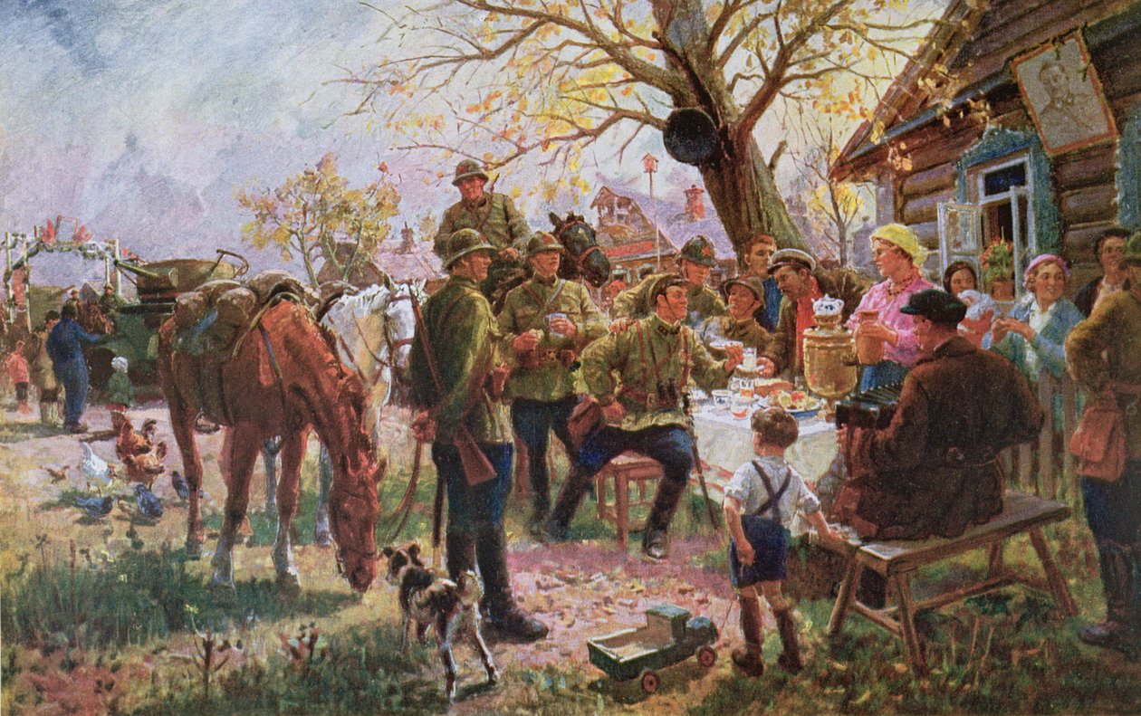 Soldater från Röda armén på manöver får ett välkomnande och vila på en Kolkhoze av Georgiy Konstantinovich Savitsky