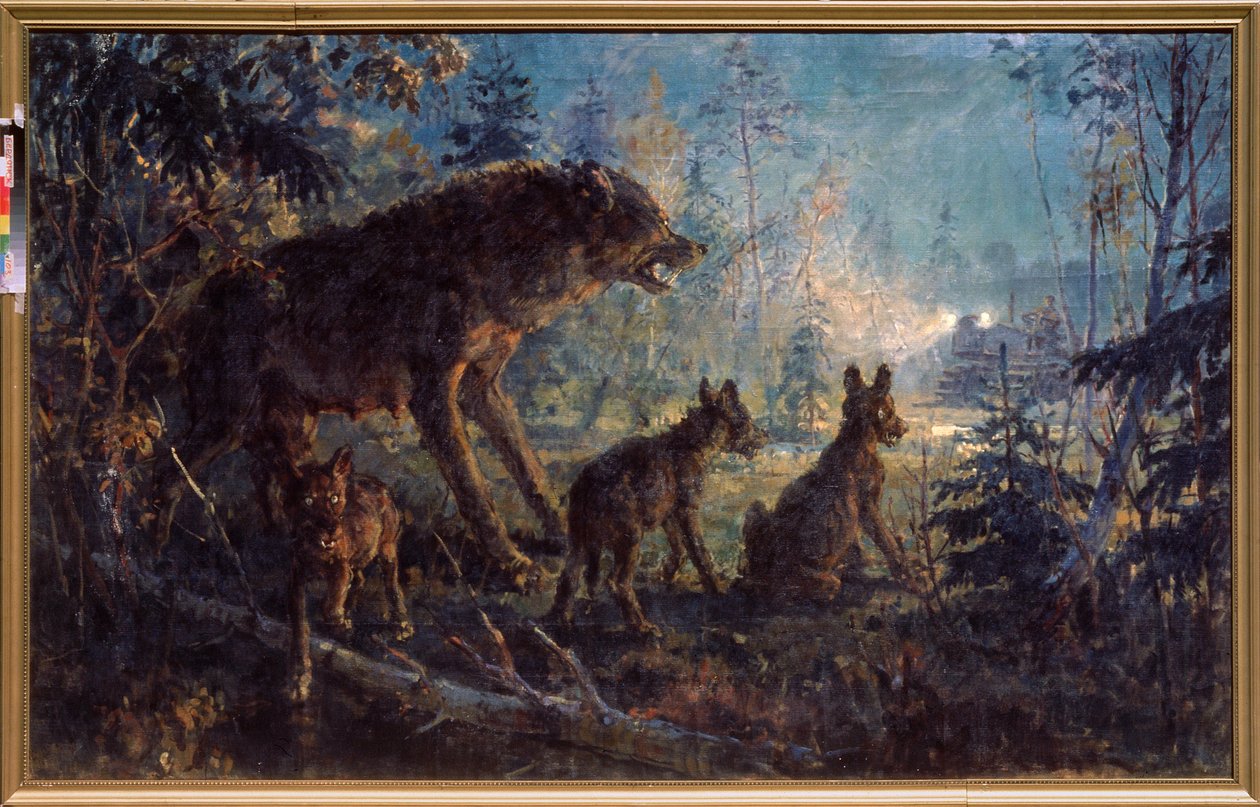 森での出会い (夜、トラクターに面するオオカミと子グマ) - 森での出会い - ジョージ (Georgy, Georgi) Konstantinovich Savitsky (1887-1949) による絵画、キャンバスに油彩スウェーデン語 av Georgiy Konstantinovich Savitsky