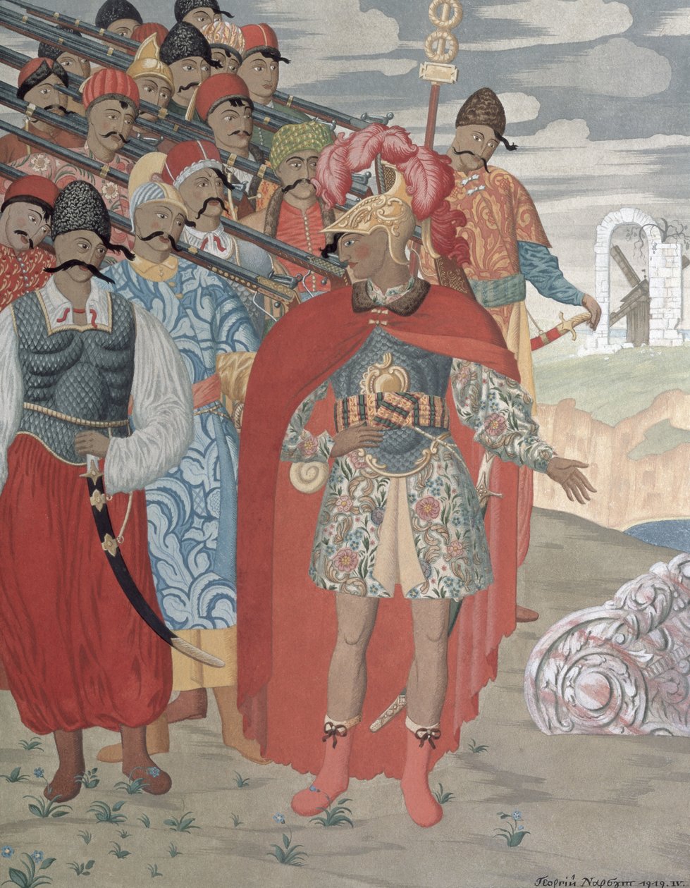 Aeneas og hans soldater, 1919 (farvestik) swed av Georgy Narbut