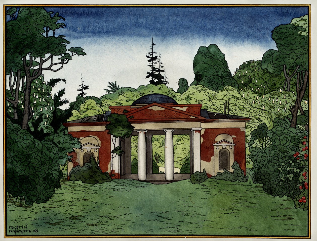 En paviljong i området Tsaritsino (Moskva, Ryssland) (paviljong i Tsaritsino-parken). Verk av Georgi Ivanovich Narbut (1886-1920), bläck och akvarell på papper av Georgy Narbut