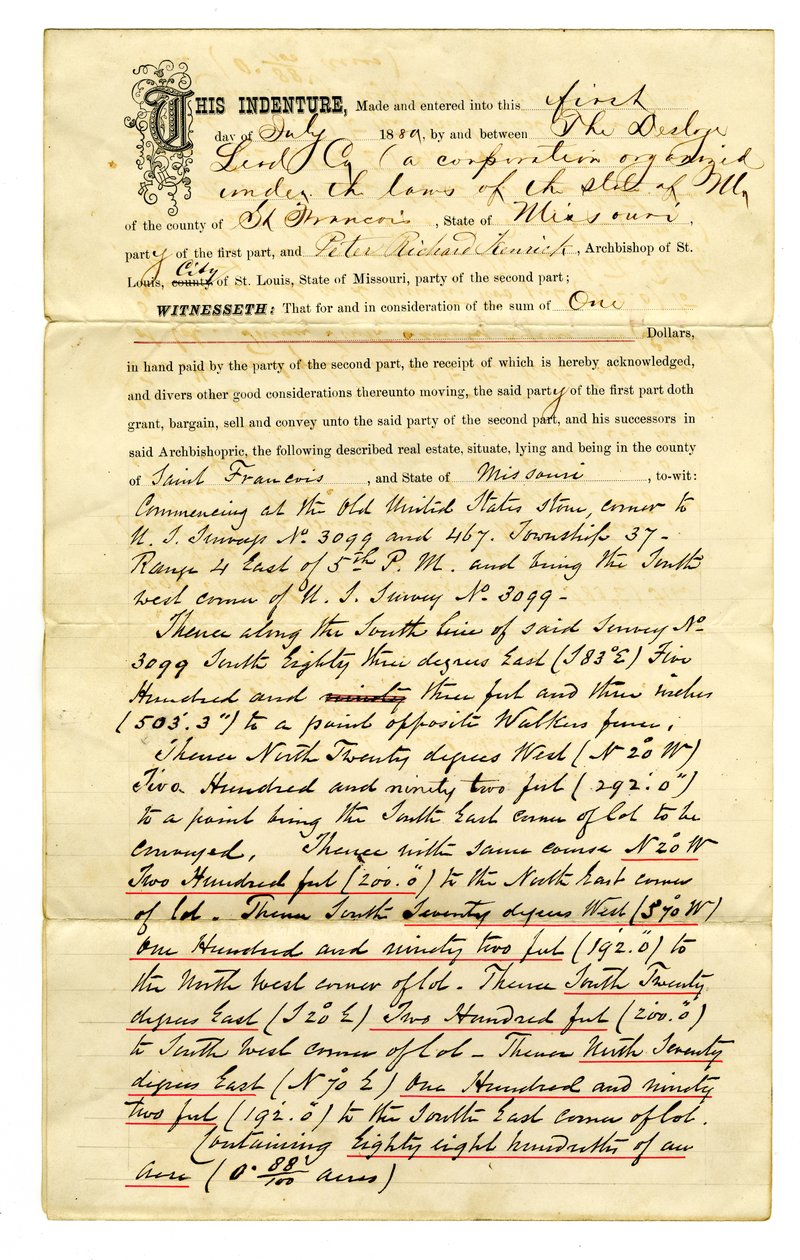 Conveyance of land by Desloge Lead Co., to Peter Richard Kenrick, Archbishop of St. Louis, for the sum of $1. Property transferred av Gerald B. Allen