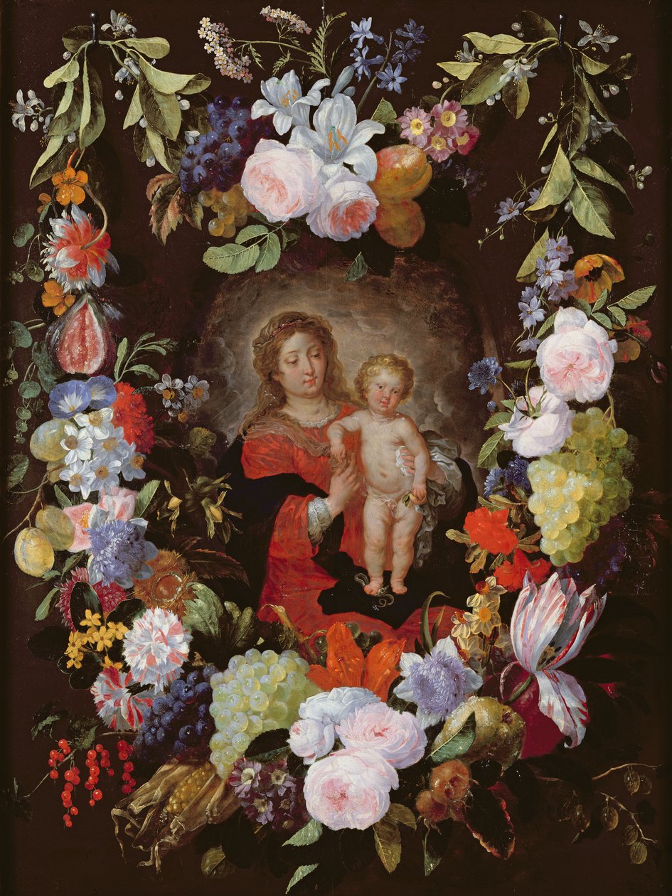Jungfrun och barnet med en krans av blommor av Gerard Seghers