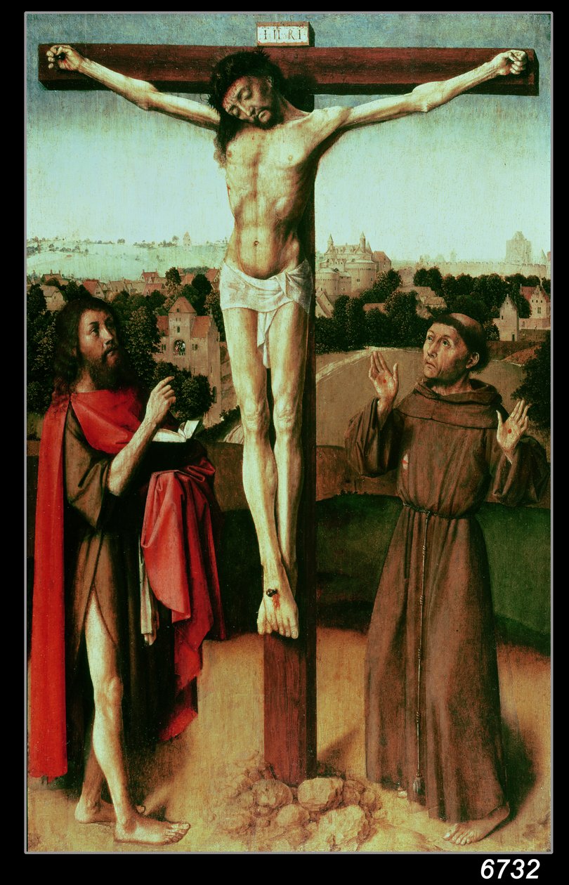 Kristus på korset mellan St. John och St. Francis (se 136582 för pre-restauration version) av Gerard David