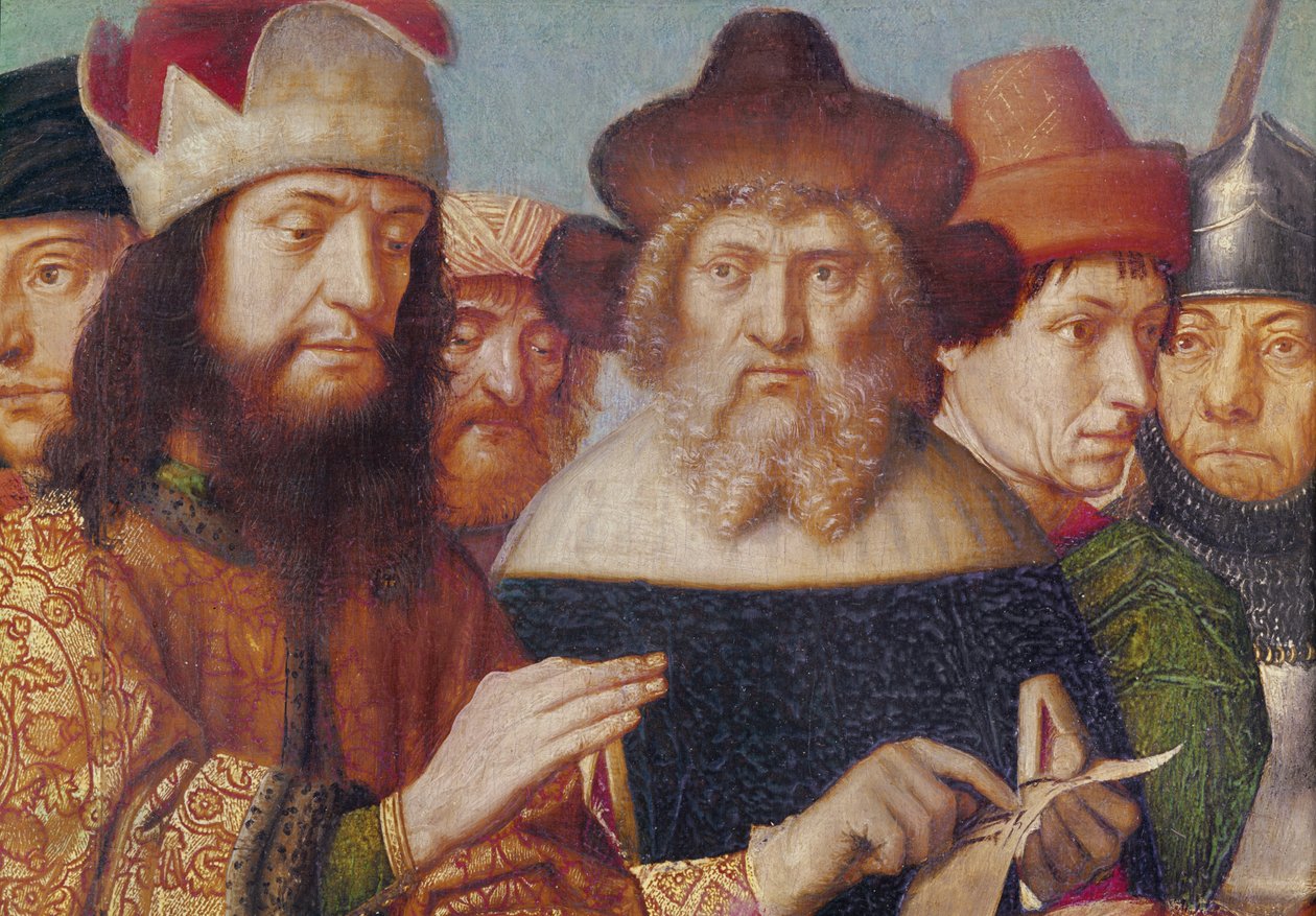Triptyk av korsfästelsen, vänster panel: judiska domare, romerska soldater detalj av huvuden, c.1480 olja på panel av Gerard David