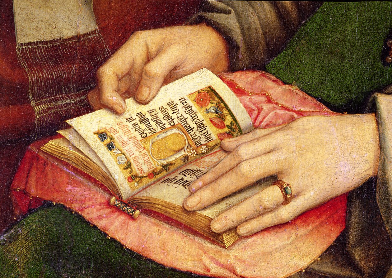 Jungfru och barn med heliga, detalj av en öppen bok, c.1509 av Gerard David