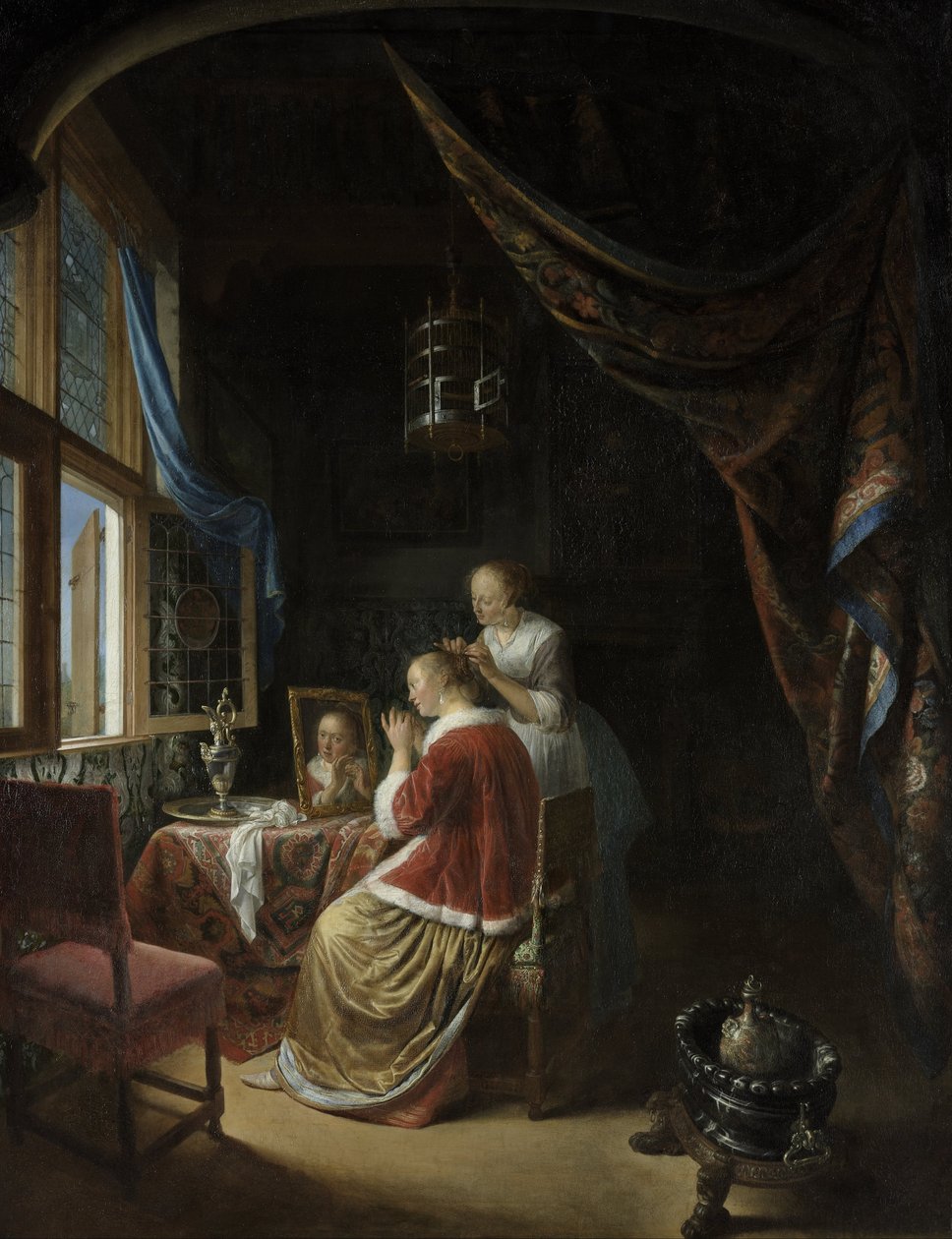 En ung kvinna på hennes toalett av Gerrit Dou