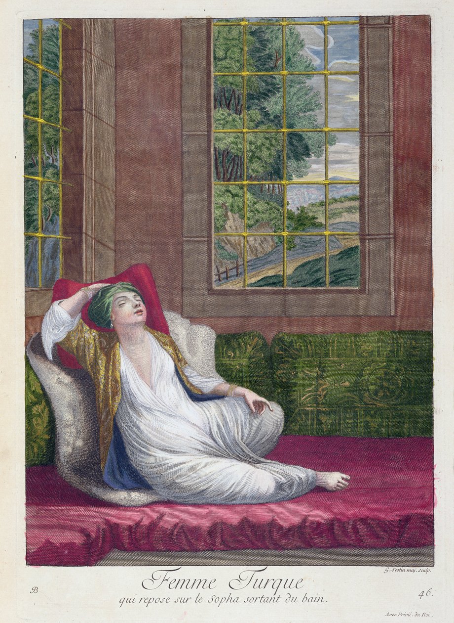 Turkisk kvinna, vilande på soffan efter ett bad, 1700-tal av Gerard Jean Baptiste Scotin