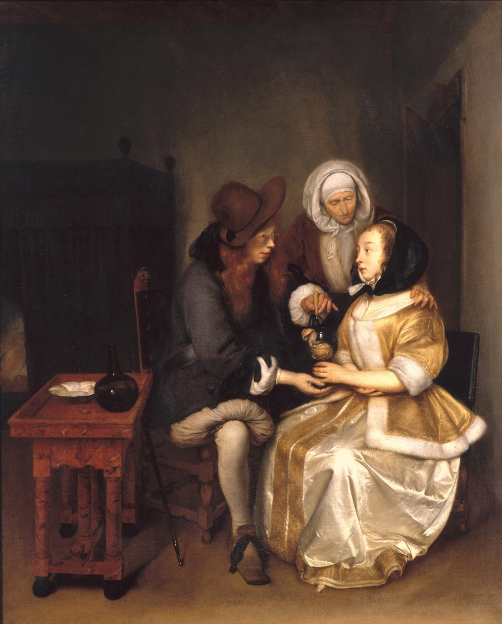 En interiör med ett par och en köpman: The Glass of Lemonade av Gerard ter Borch