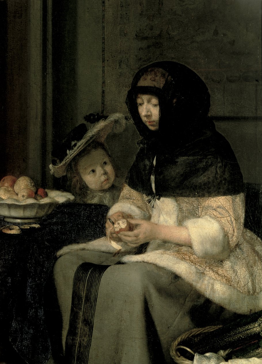 Äppelskalaren, 1660 (detalj av 13129) (olja på duk på panel) av Gerard ter Borch