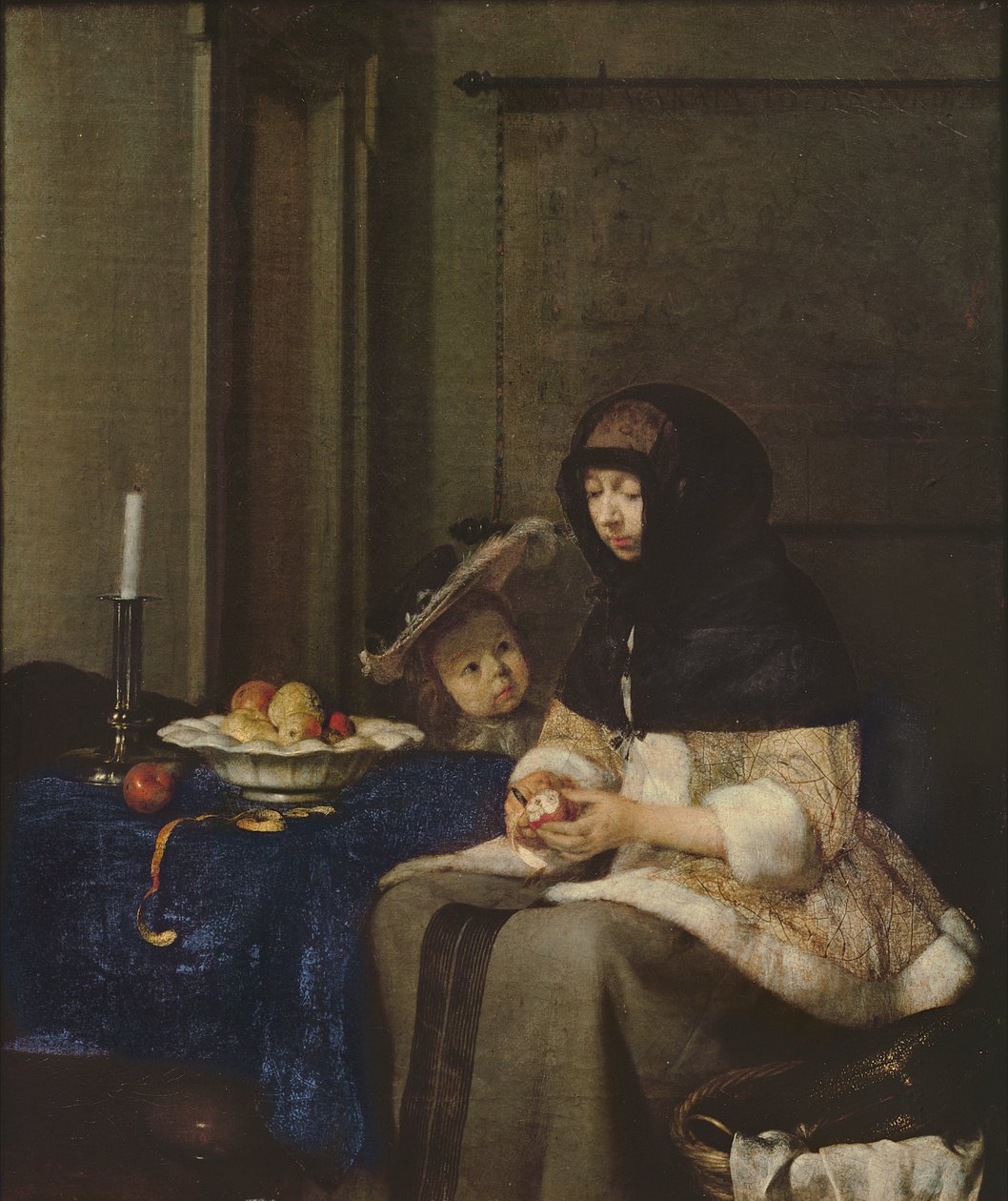 Kvinna som skalar äpplen, ca 1660 (duk på trä) av Gerard ter Borch