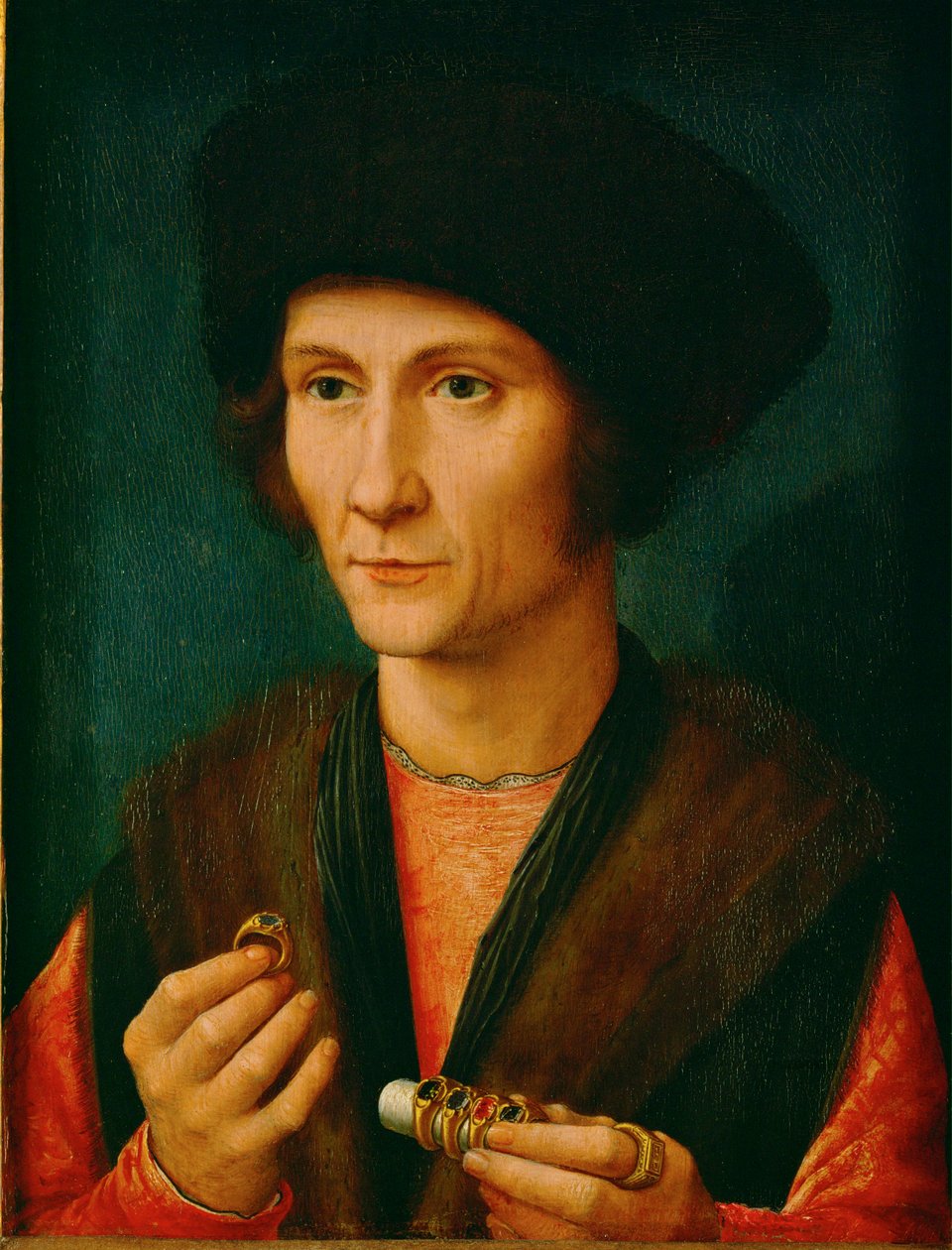 En guldsmed, kanske Jacques Cnoop, svärfar till Gerard David ... (olja på ek) av Gerard David