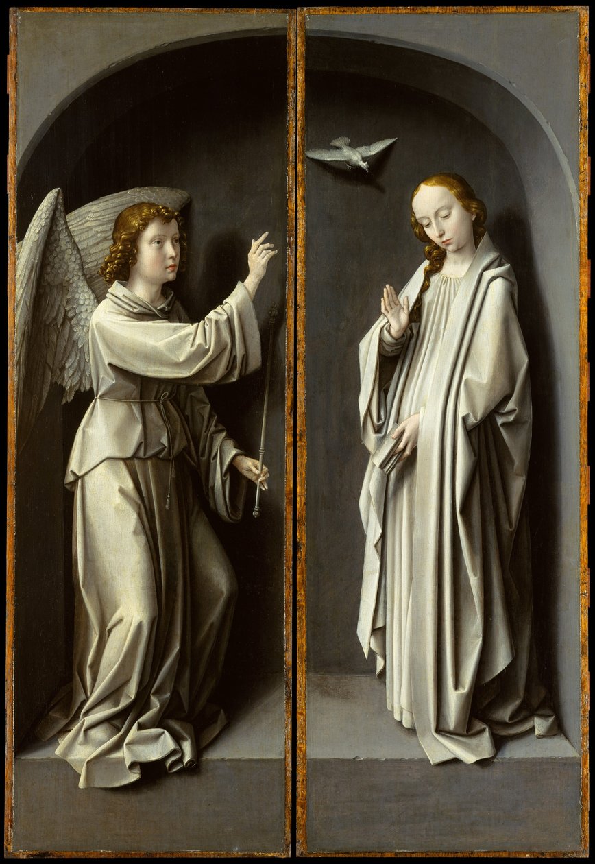 Ärkeängeln Gabriel; The Virgin Annunciate, c.1510 (olja på ekpanel) av Gerard David