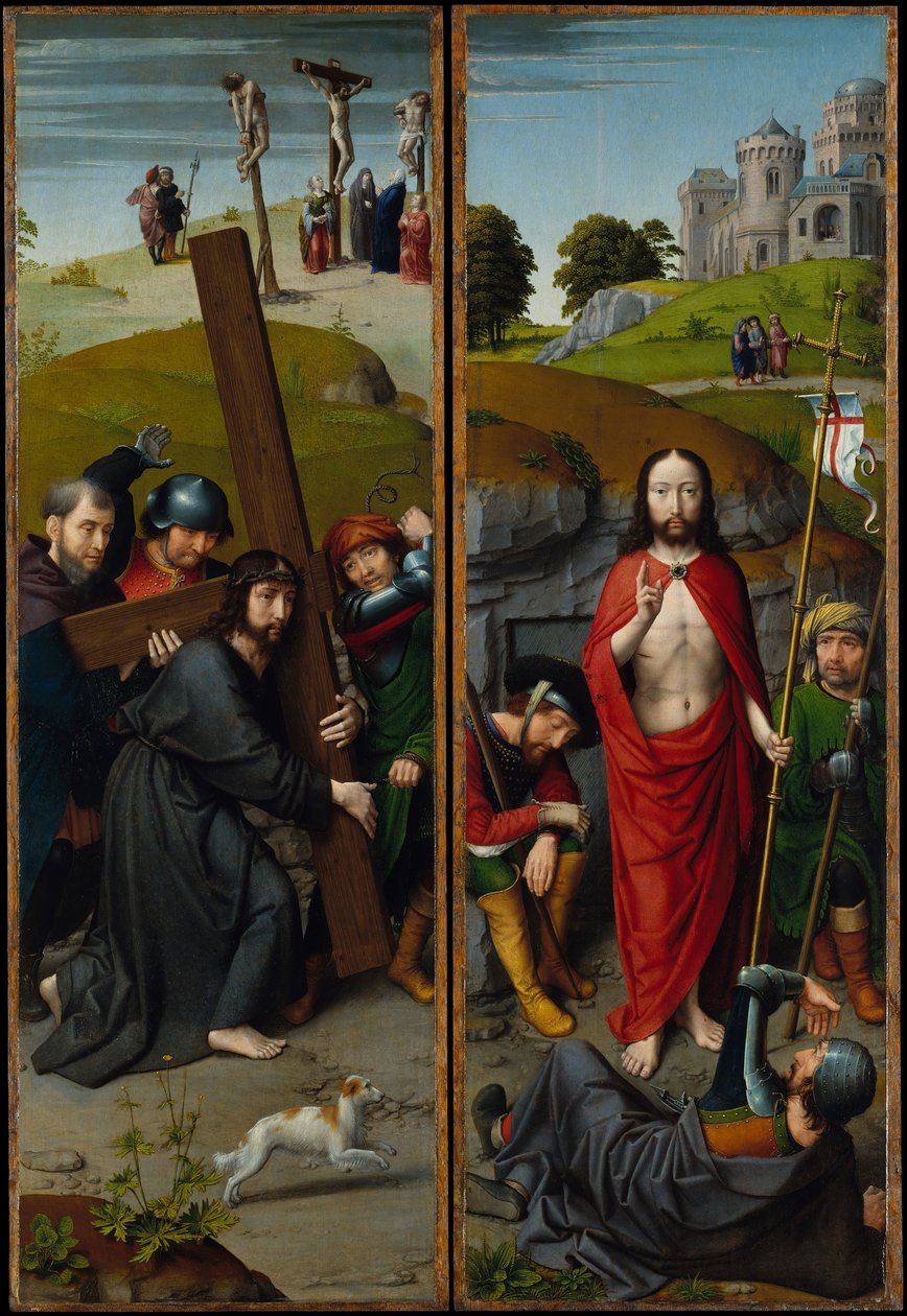 Kristus som bär korset, med korsfästelsen, uppståndelsen, med pilgrimerna..., ca. 1510. av Gerard David