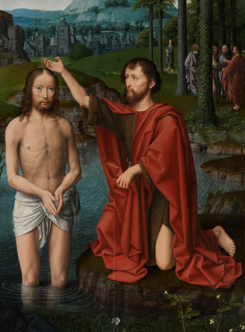 Detalj av den centrala panelen av Kristi dop, c.1502-08 (olja på panel) av Gerard David