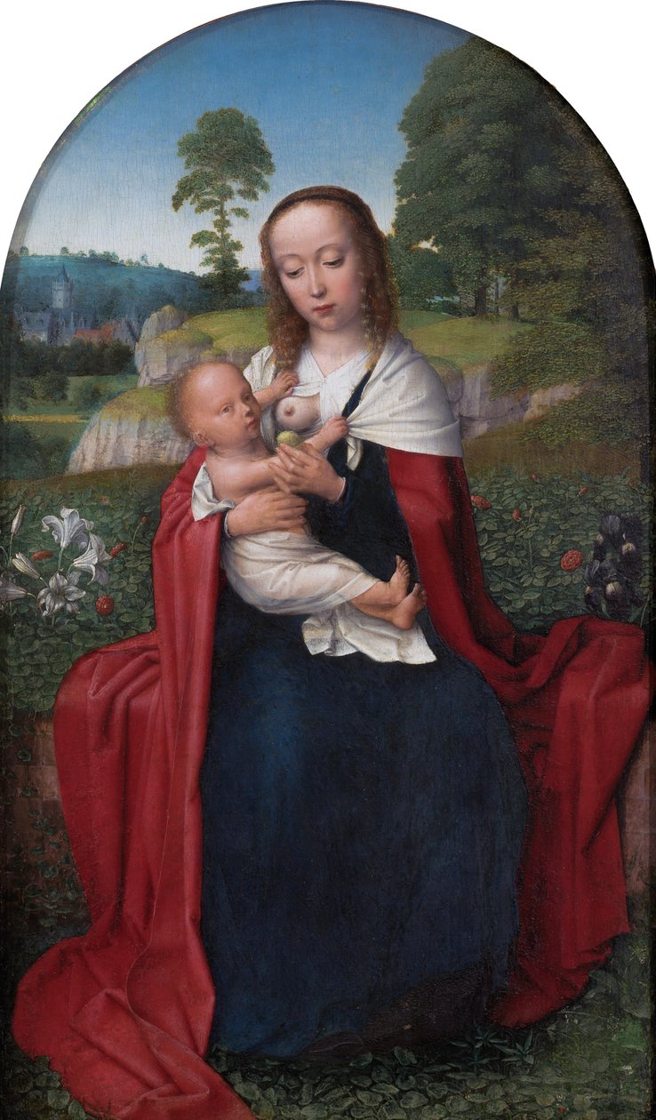 Holländska: Maria och barn sittande i ett landskap Jungfru och barn i ett landskap av Gerard David