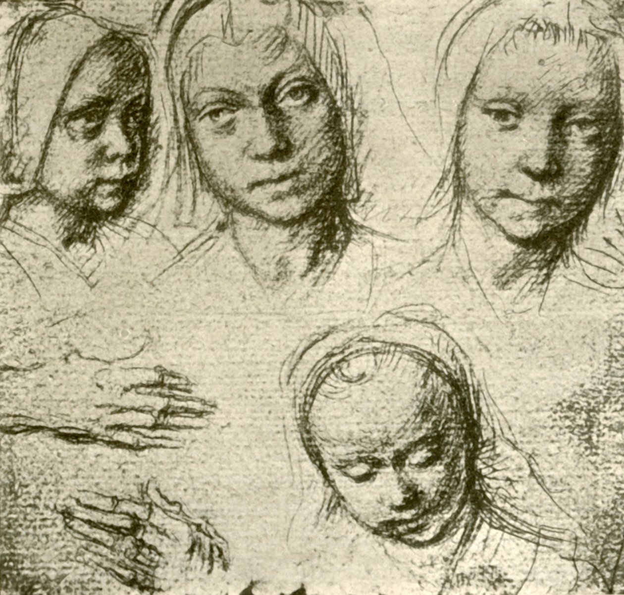 Fyra huvuden av en ung flicka och två händer, c1500-1505, 1908. av Gerard David