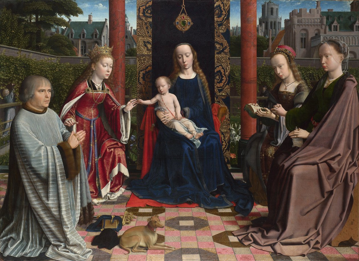 Franska:  Le mariage mystique de Sainte Catherine, par Gérard David Jungfrun och barnet med helgon och givare av Gerard David