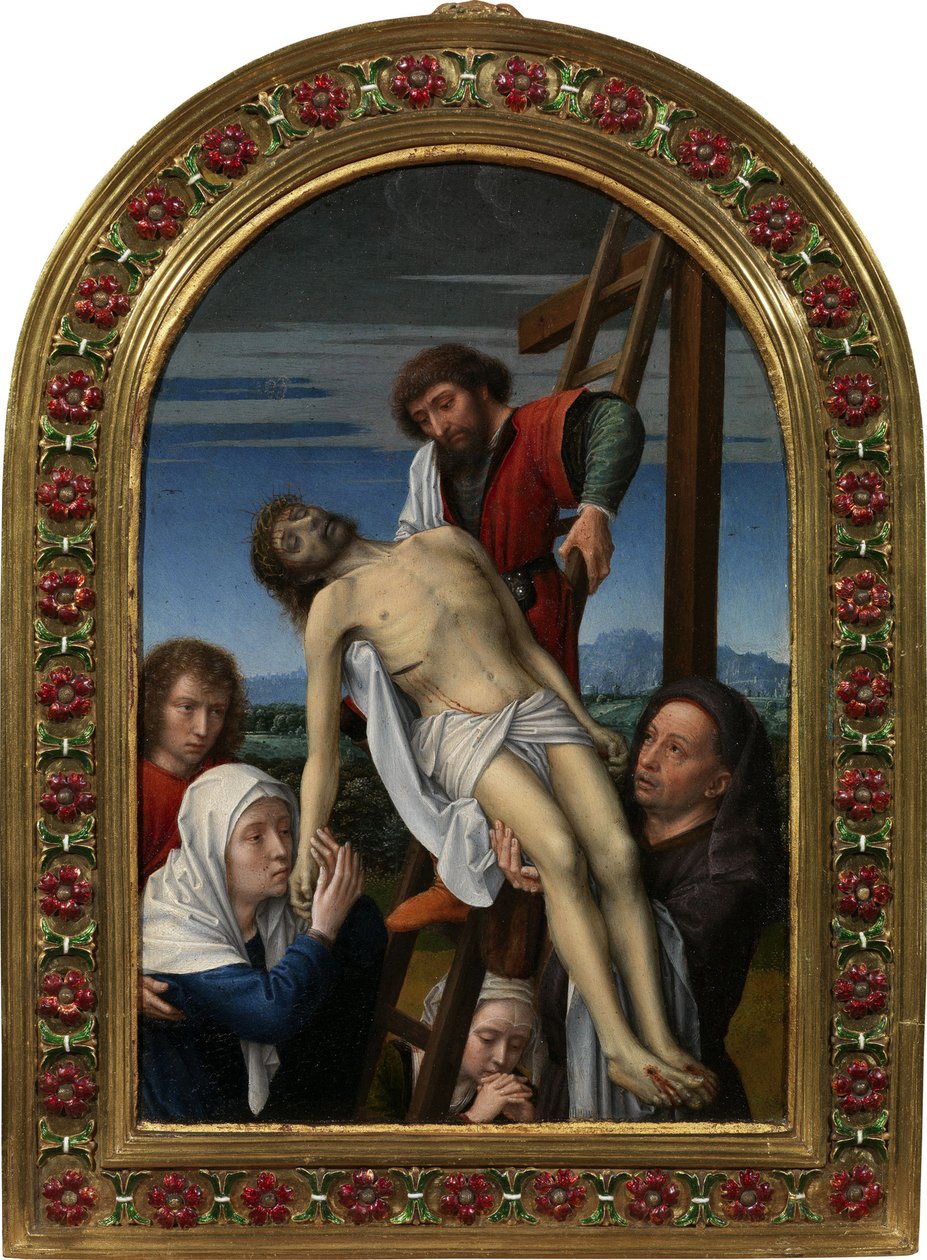 Nedstigningen från korset (Josef av Arimatea, Nikodemus, aposteln Johannes, Maria Magdalena, Jungfrun och den döde Kristus) - Nedstigningen från korset av David, Gerard (ca 1460-1523). Olja på trä, storlek: 20x14, efter 1500, Galleria degli Uffizi, Florens av Gerard David