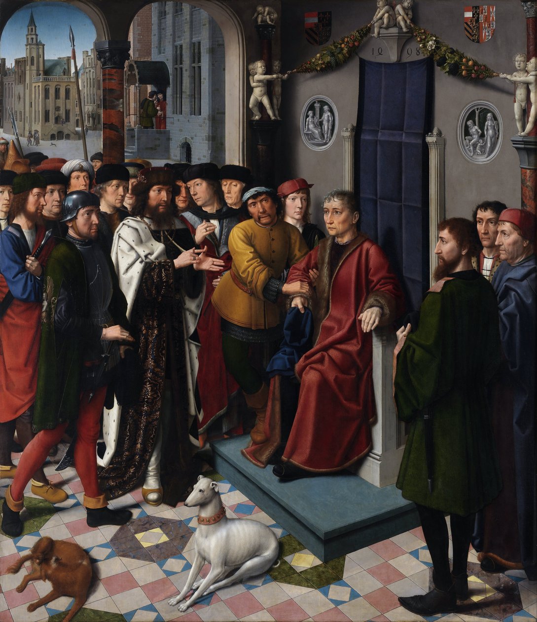 Kambyses dom (den persiske kungen Cambyses II (död 522 f.Kr.) dömer domaren Sisamnes till att flåas levande, för att han avkunnat en dom i utbyte mot pengar) - The Judgment of Cambyses (vänster panel) - Målning av Gerard David (ca 1460- 1523) - 149 av Gerard David