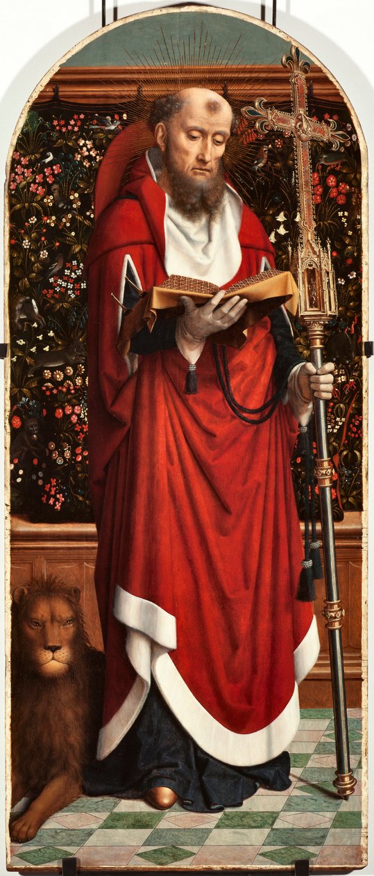Saint Jerome Polyptyk Panel från kyrkan San Gerolamo della Cervara - Målning av Gerard David (ca 1460-1523) 1506 Dim 65x150 cm Genes Musei di Strada Nuova (ex Palazzo Bianco) Italien av Gerard David