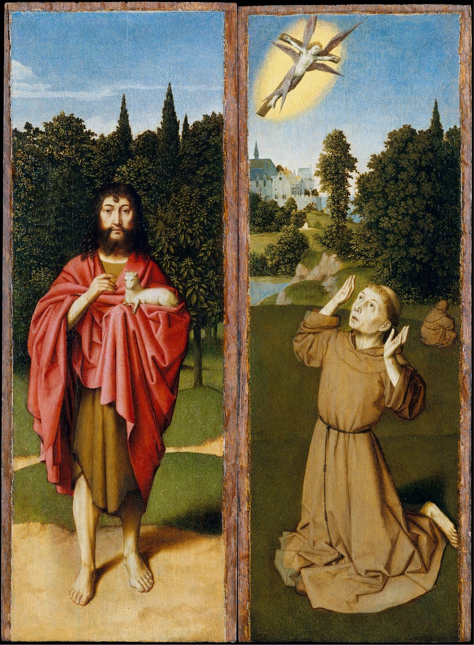 Saint John the Baptist, Saint Francis tar emot Stigmata, ca. 1485-90. av Gerard David