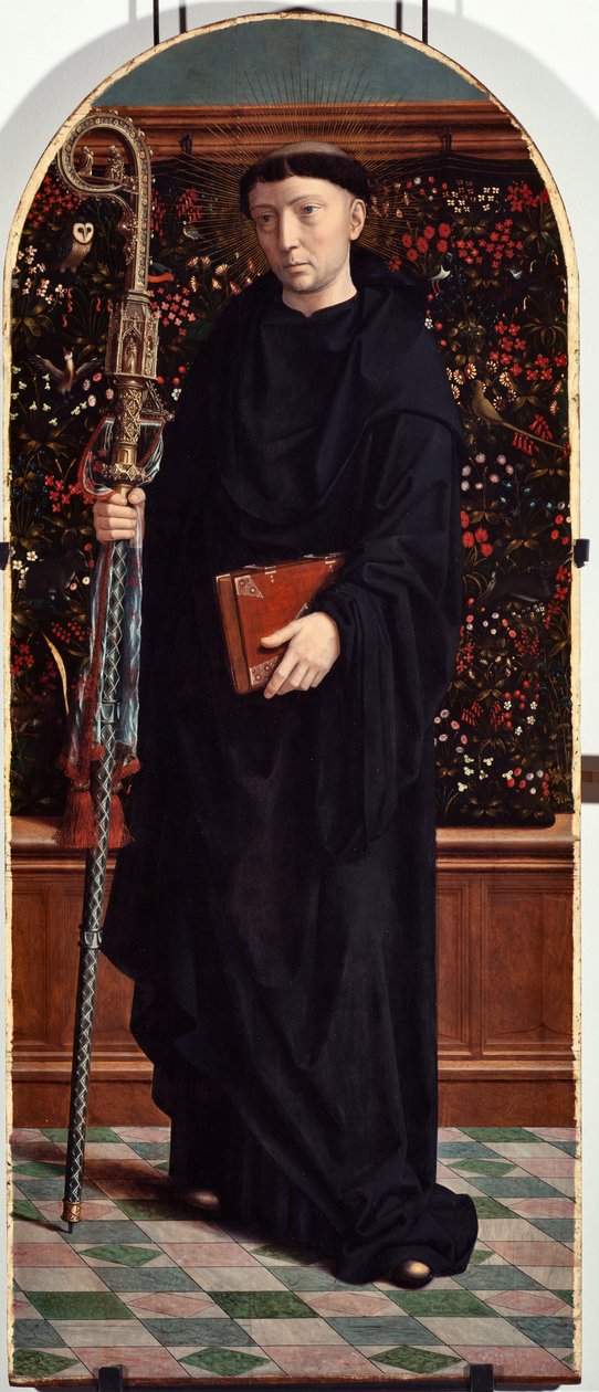 Saint Maur (eller Amaury, Amalric, Maura, Morane, Mauro) (St Maurus) Polyptykpanel från San Gerolamo della Cervara-kyrkan - Målning av Gerard David (ca 1460-1523) 1506 Dim 65x150 cm Genes Musei di Strada Nuova ( ex Palazzo Bianco) Italien av Gerard David