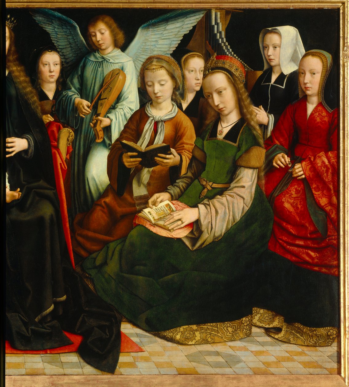 Jungfrun bland helgonen. Detalj av Saintes: Saint Apolline (eller Apollonia), Saint Godeline, Saint Cecile, Saint Barbe, Saint Lucia. Målning av Gerard David (1460-1523) av Gerard David