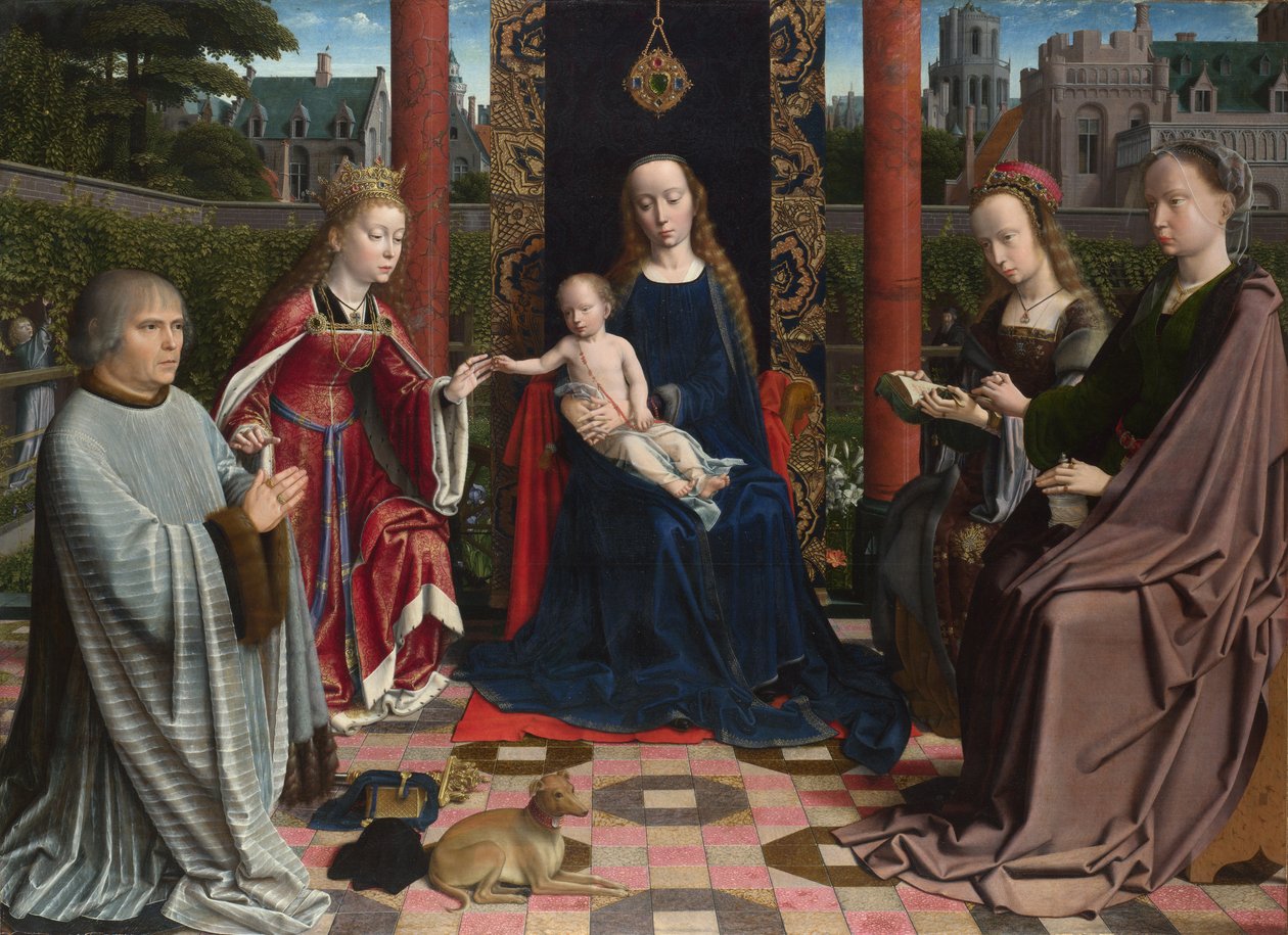 Jungfrun och barnet med heliga och donator, ca. 1510 av Gerard David