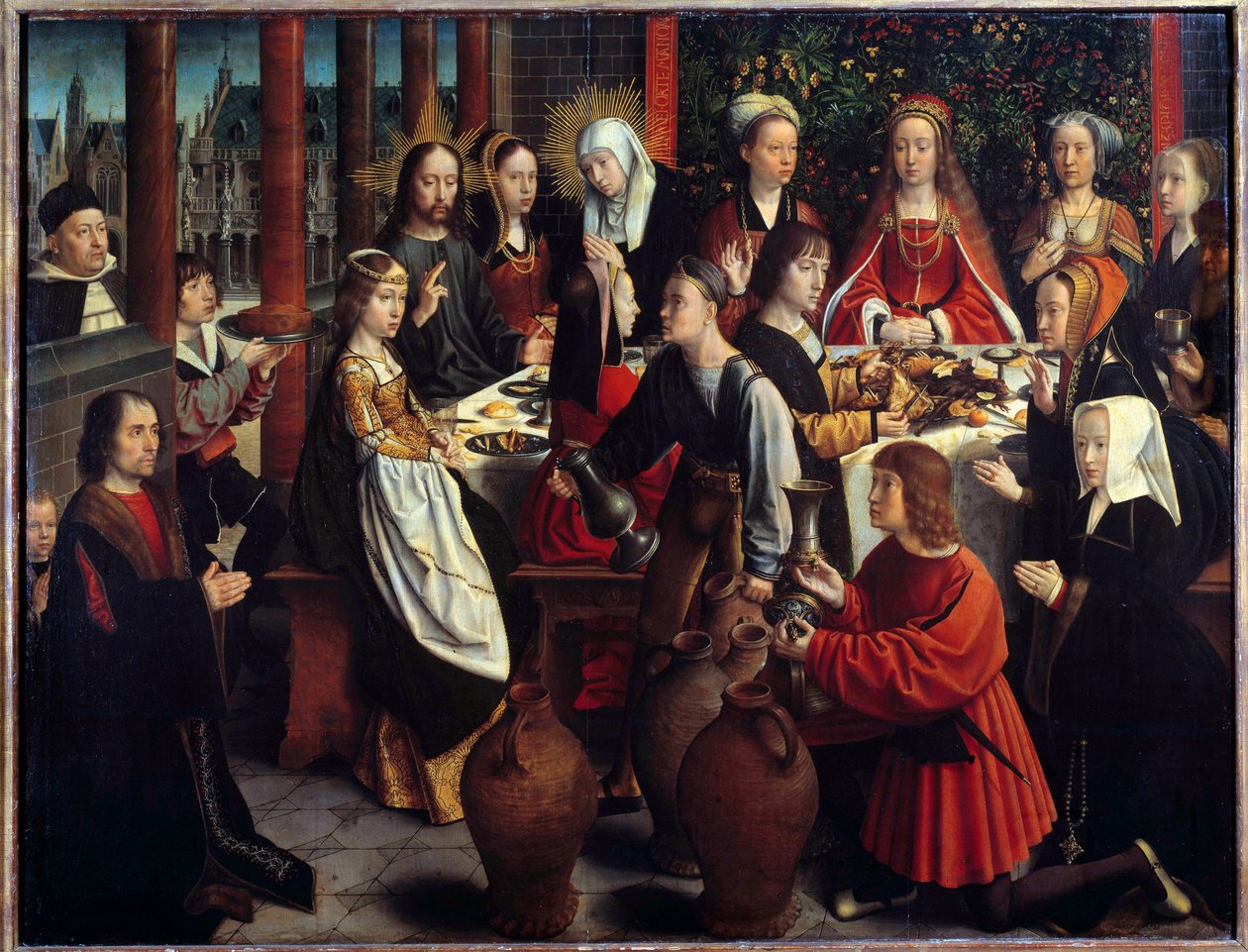 Bröllopet i Kana Vattnets mirakel förvandlas till vin under en bröllopsbankett dit Jesus och Maria är inbjudna. Målning av Gerard David (1460-1523) Sön. 1x1,28 m av Gerard David
