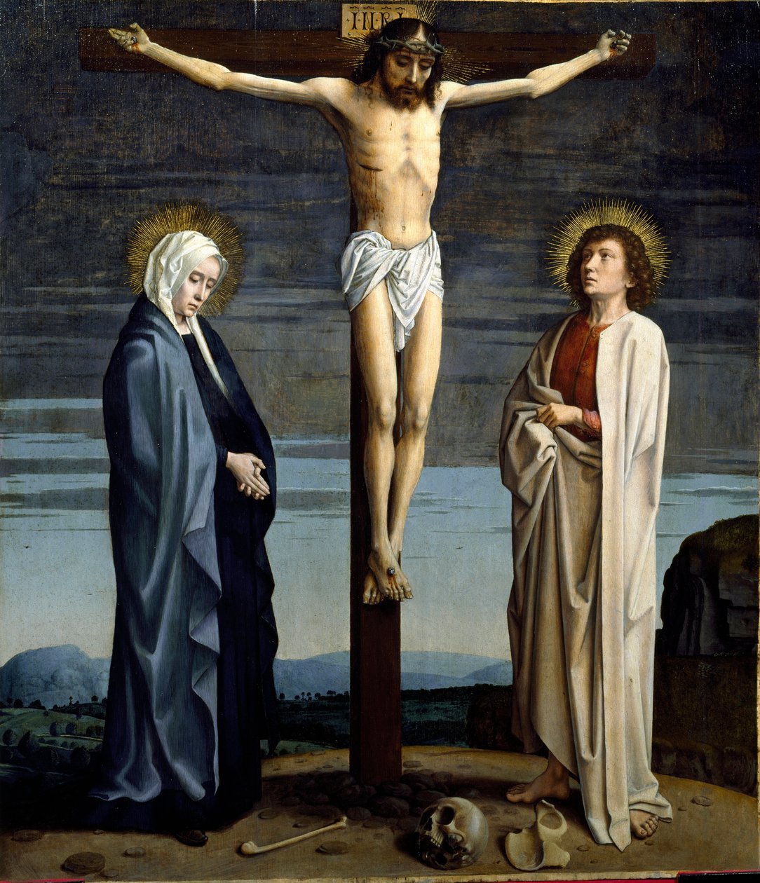 Korsfästelsen. Inskriptionen "" INRI"" (I.N.R.I.) på korset. Målning av Gerard David (1460-1523) av Gerard David