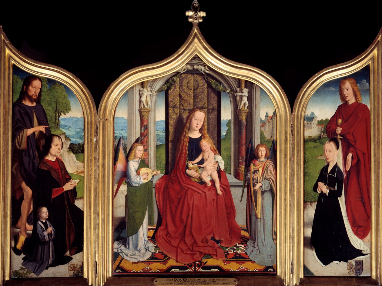 Triptyk av familjen Sedano: i mitten Jungfrun och barnet mellan två musikänglar, till vänster Johannes av Sedano och hans son presenterade av Johannes Döparen, till höger hans fru och Sankt Johannes evangelisten. Målning av Gerard David av Gerard David