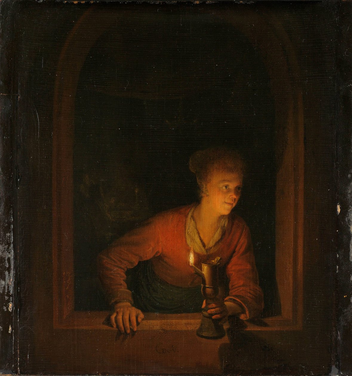 Flicka med en oljelampa vid ett fönster av Gerrit Dou