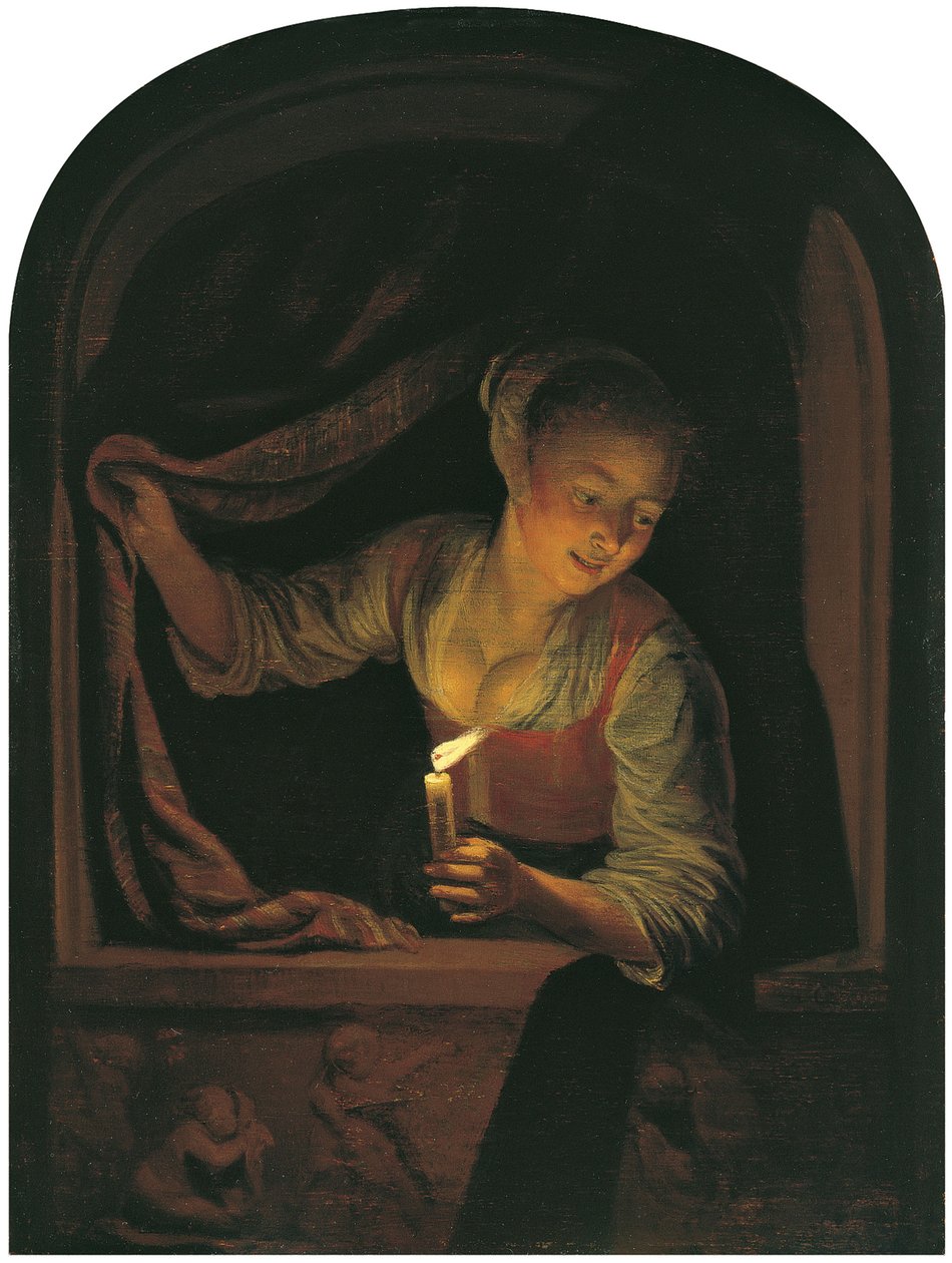 Kvinna med ett tänt ljus vid ett fönster av Gerrit Dou