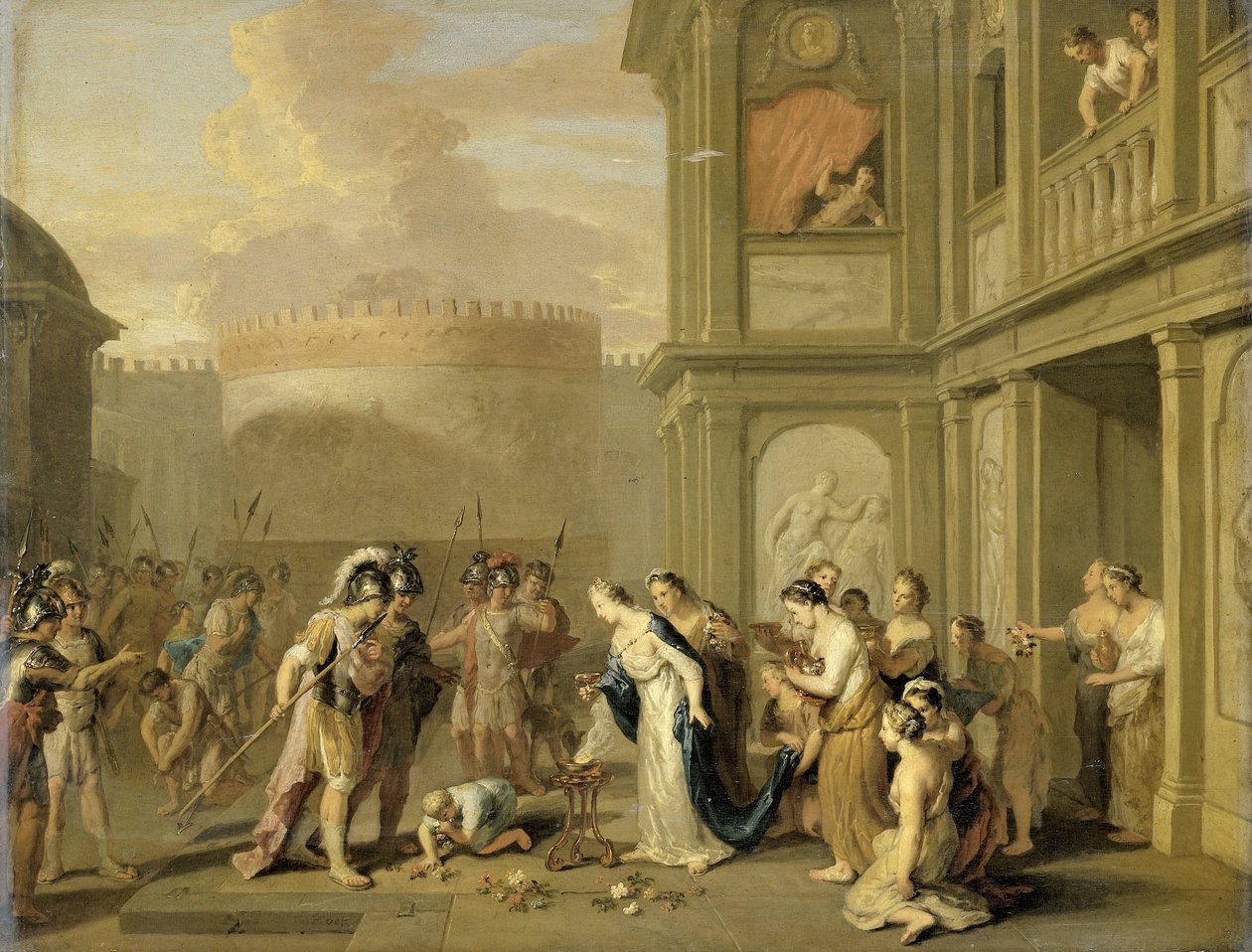 Drottning Cleophis erbjuder vin till Alexander den store efter hans erövring av Mazaka av Gerard Hoet (I)