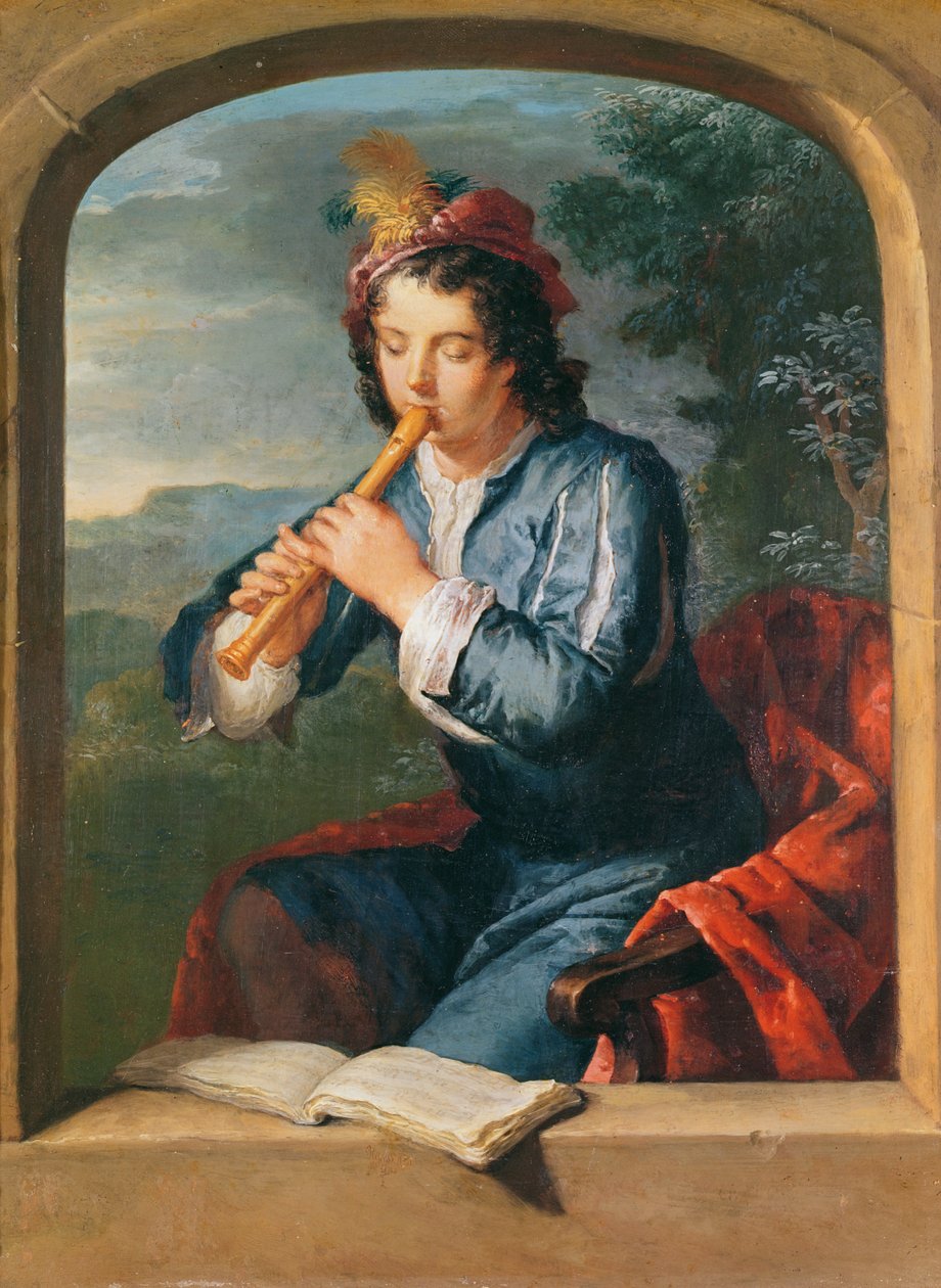 Ung mand spiller fløjte (pastel på papir) swed av Gerard Hoet