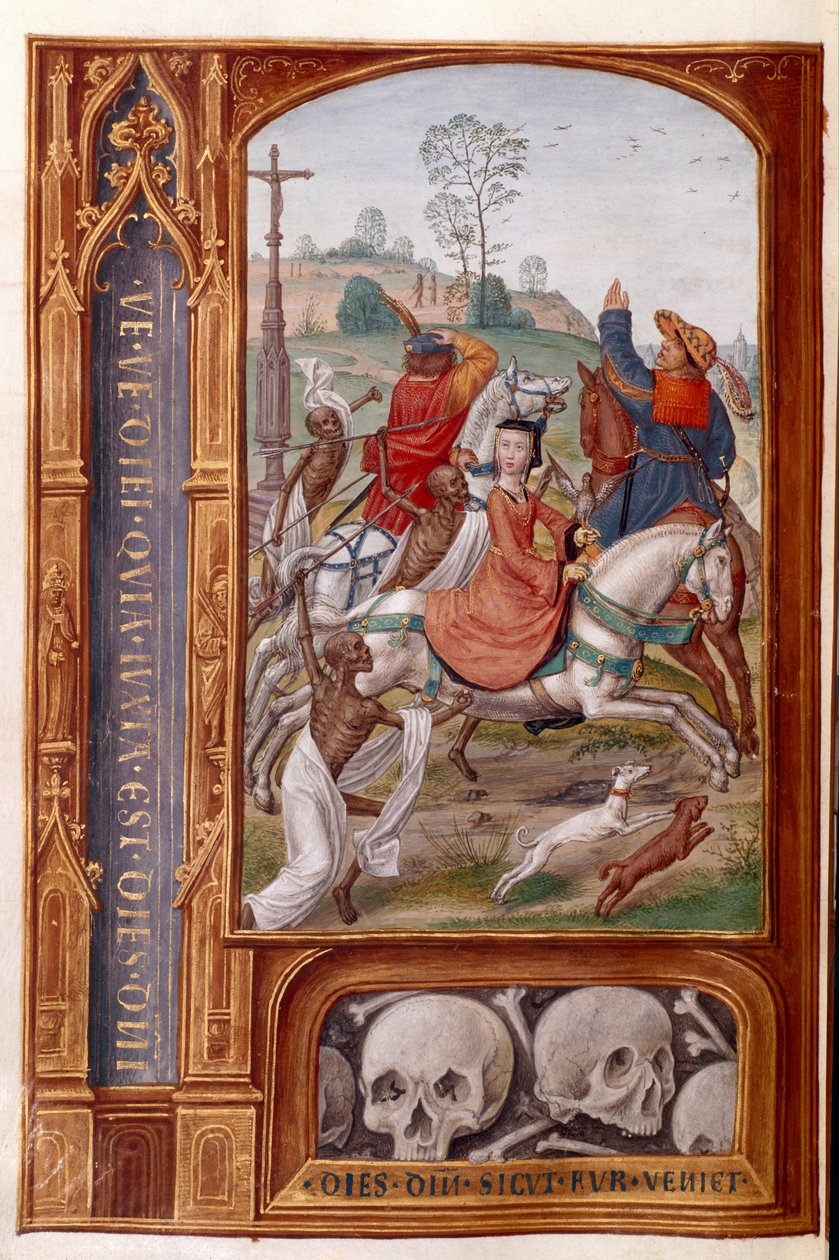 Lägg till 35313 fol.158v Skelett attackerar en jaktgrupp, från 