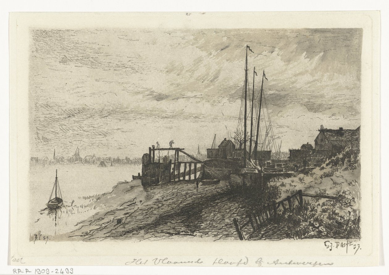 flod vy Det flamländska huvudet nära Antwerpen (titel på objekt) av Gerard Jan Bos (signed by artist)