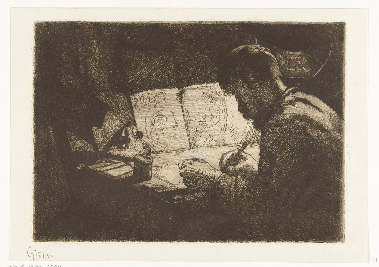 Självporträtt bakom ritbordet av Gerard Jan Bos (signed by artist)