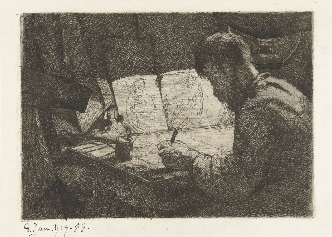 Självporträtt bakom ritbordet av Gerard Jan Bos (signed by artist)