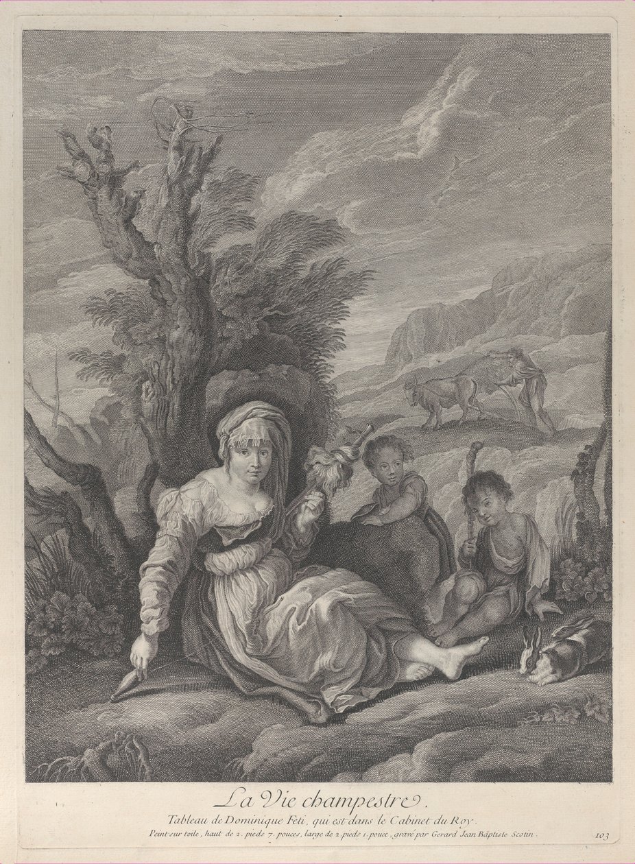 En lantkvinna som sitter i landskapet med två pojkar vid sin sida, 1729-40. av Gerard Jean Baptiste Scotin
