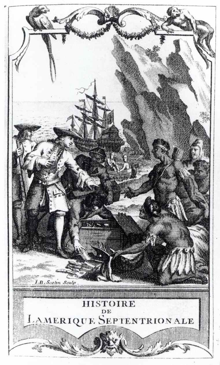 Frontispice för Histoire de lAmerique septentrionale av Bacqueville de La Potherie (1663-1736), publicerad 1753 (bw foto) av Gerard Jean Baptiste Scotin