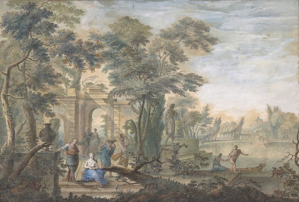 Arkadiskt landskap med flera figurer och en staty av Diana, 1700-tal. av Gerard Melder