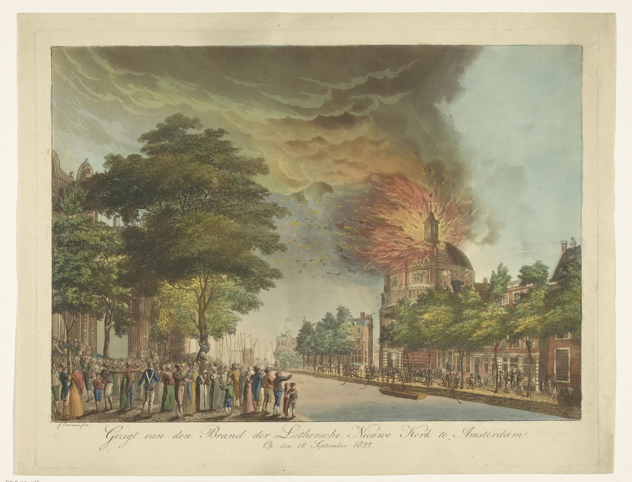 Brand i den nya lutherska kyrkan på Singel i Amsterdam, 18 september 1822 Utsikt över märket av den lutherska nya kyrkan i Amsterdam (titel på objekt) av Gerard Overman