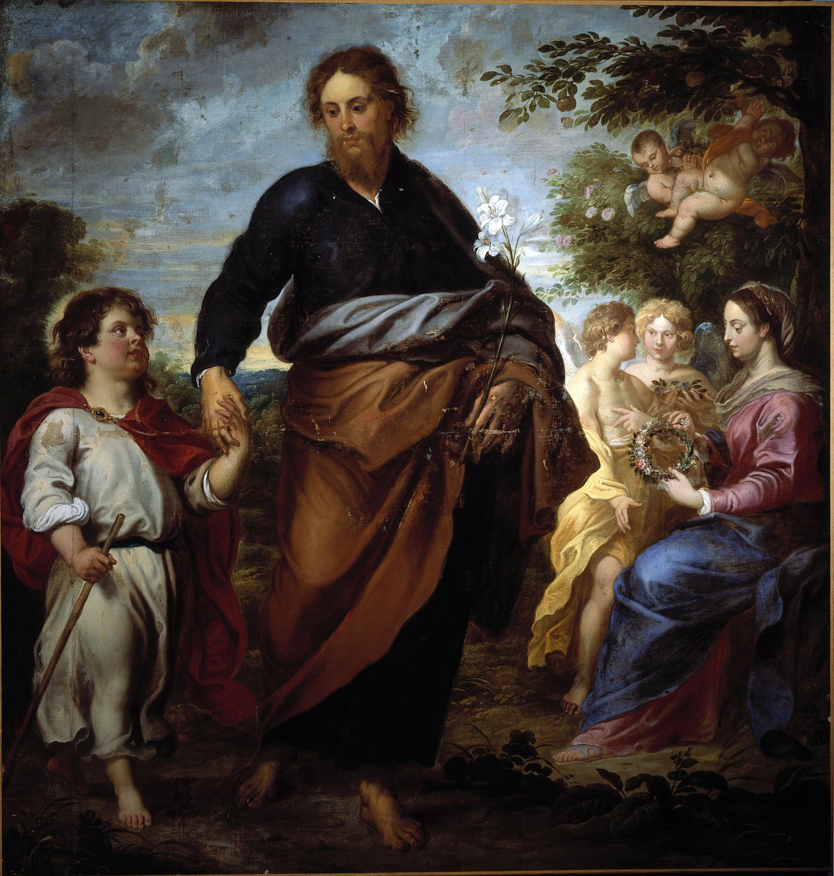 St Joseph och Jesus, i bakgrunden jungfrun (olja på duk av Gerard Seghers