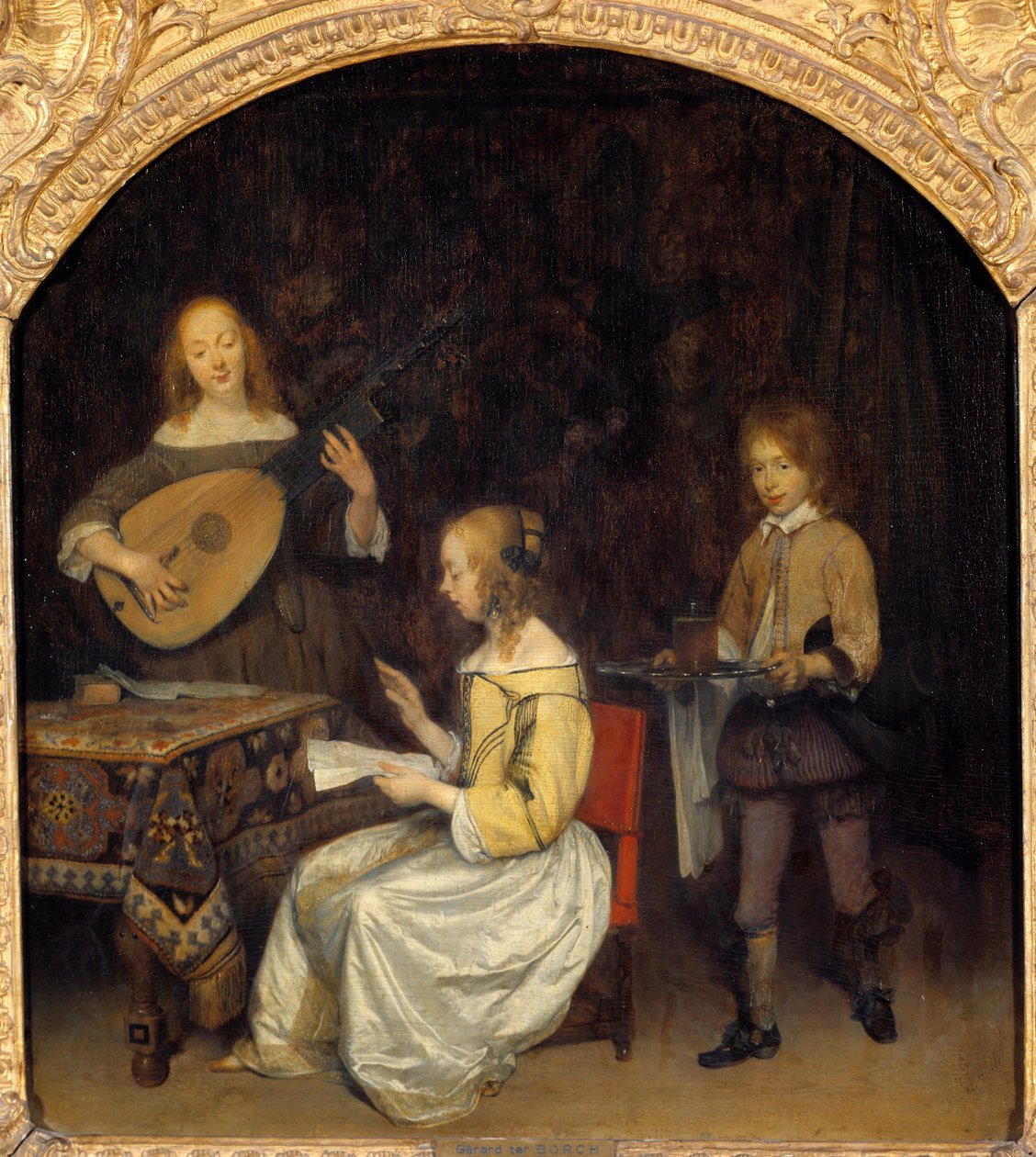 The Concert: sångare och spelare av Luth Theorbe. Målning av Gerard Ter Borch (1617-1681), holländsk skola av Gerard ter Borch