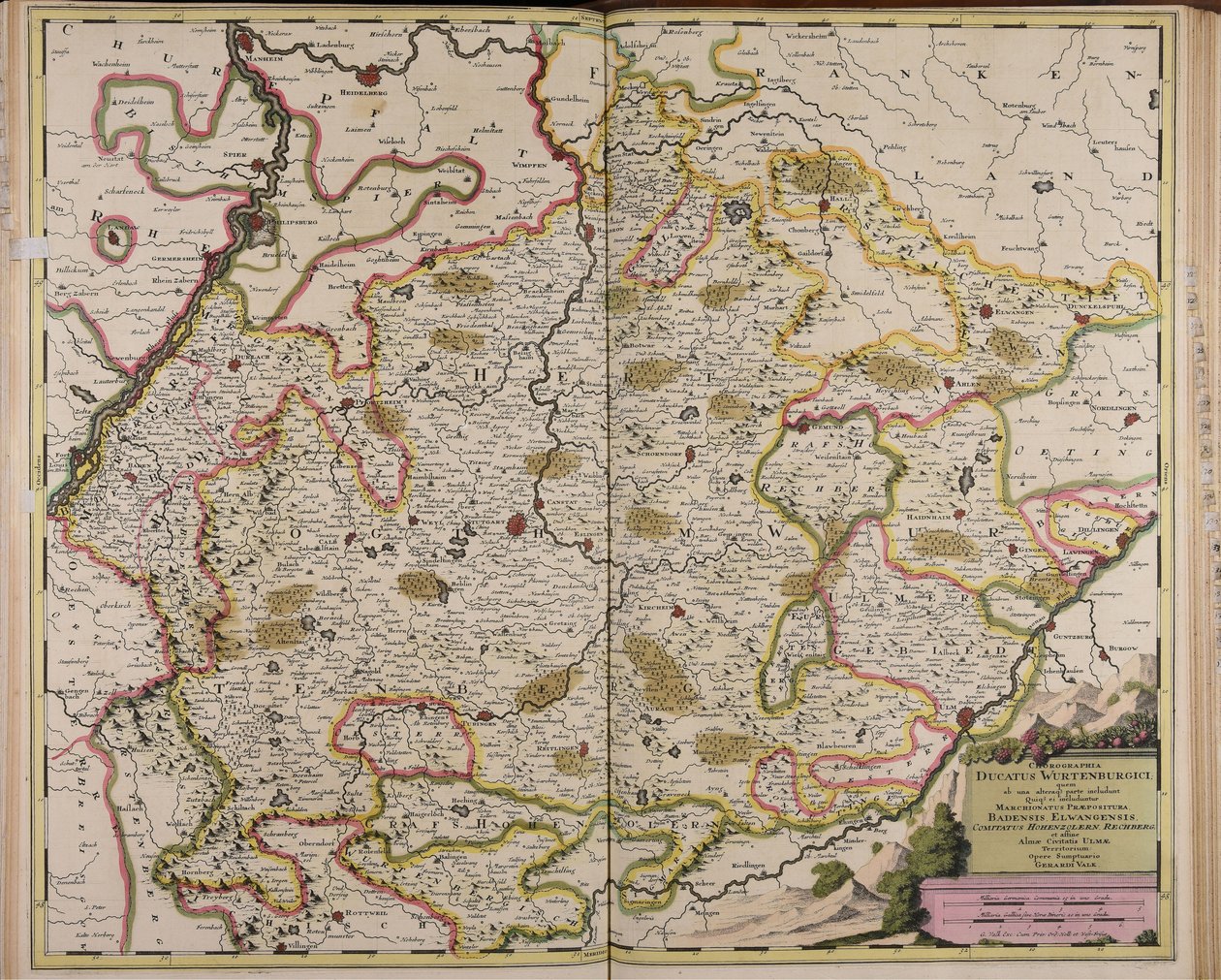 Chorographia ducatus Wurtenburgici quem ab una alteraque parte includunt quique ei includuntur marchionatus praepositura Badensis Elwangensis comitatus Hohenzolern Rechberg et affine almae civitatis Ulmae territorium av Gerard Valck