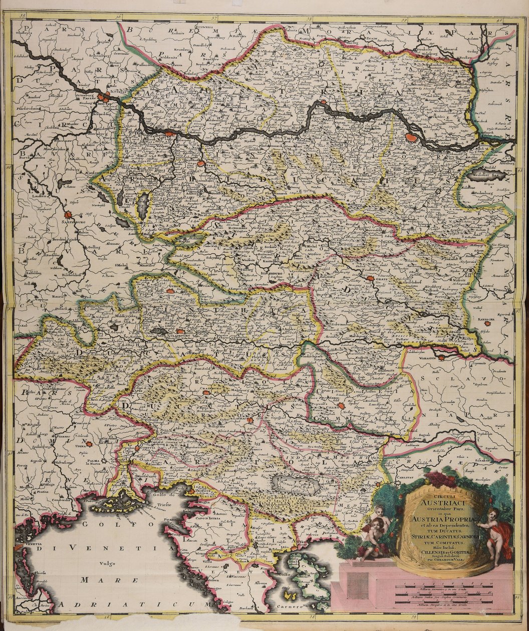 Circuli Austriaci orientalior pars in qua Austria propria et ab ea dependentes tum ducatus Stiriae, Carintiae, Carniolae tum comitatus hisce inclusi Cillensis et Goritiae singuli subdivisi av Gerard Valck