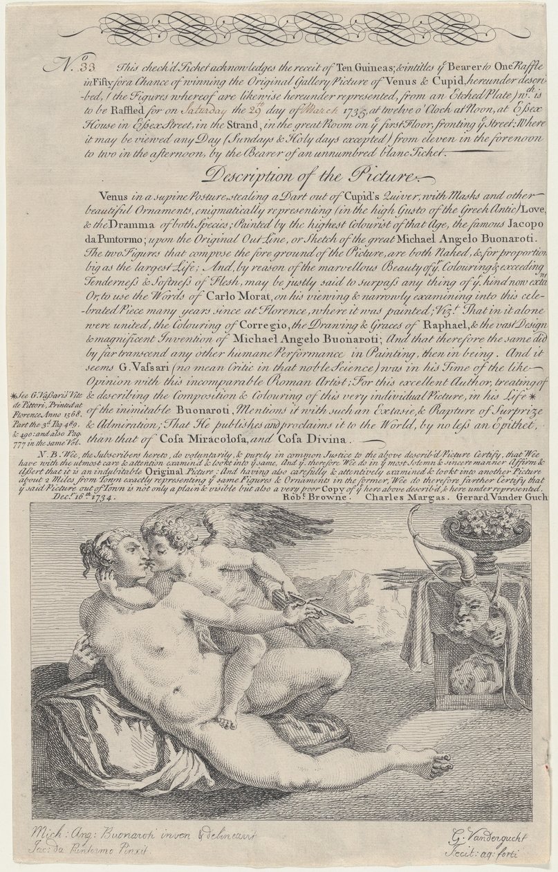 Lotteriet till målningen av Venus och Amor efter Michelangelo, 1734. av Gerard Vandergucht