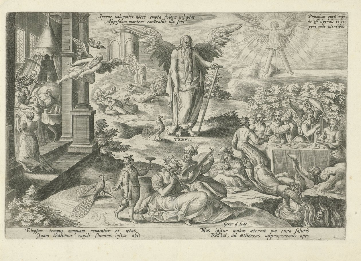Fader Tid mitt bland lättsamma människor Sperne voluptates nocet empta dolore uoluptas (...) (titel på objekt) Moralizing Allegories of Time (serietitel) av Gerard de Jode